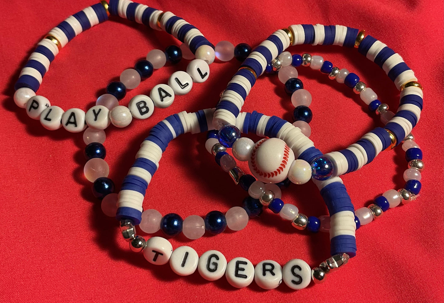 Tigers baseball with Royal blue and white accents stacker set of 5 Bracelet