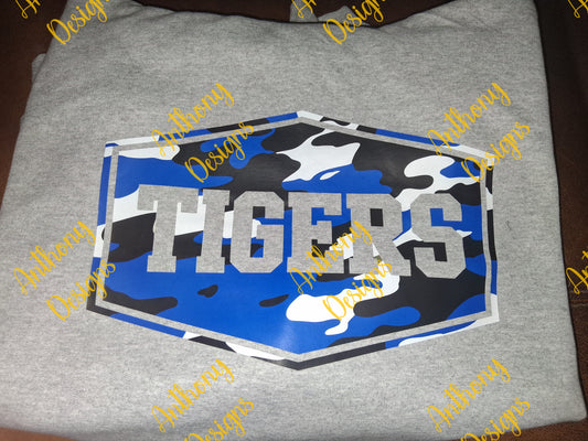 Tigers mascot camo in school colors designed shirt