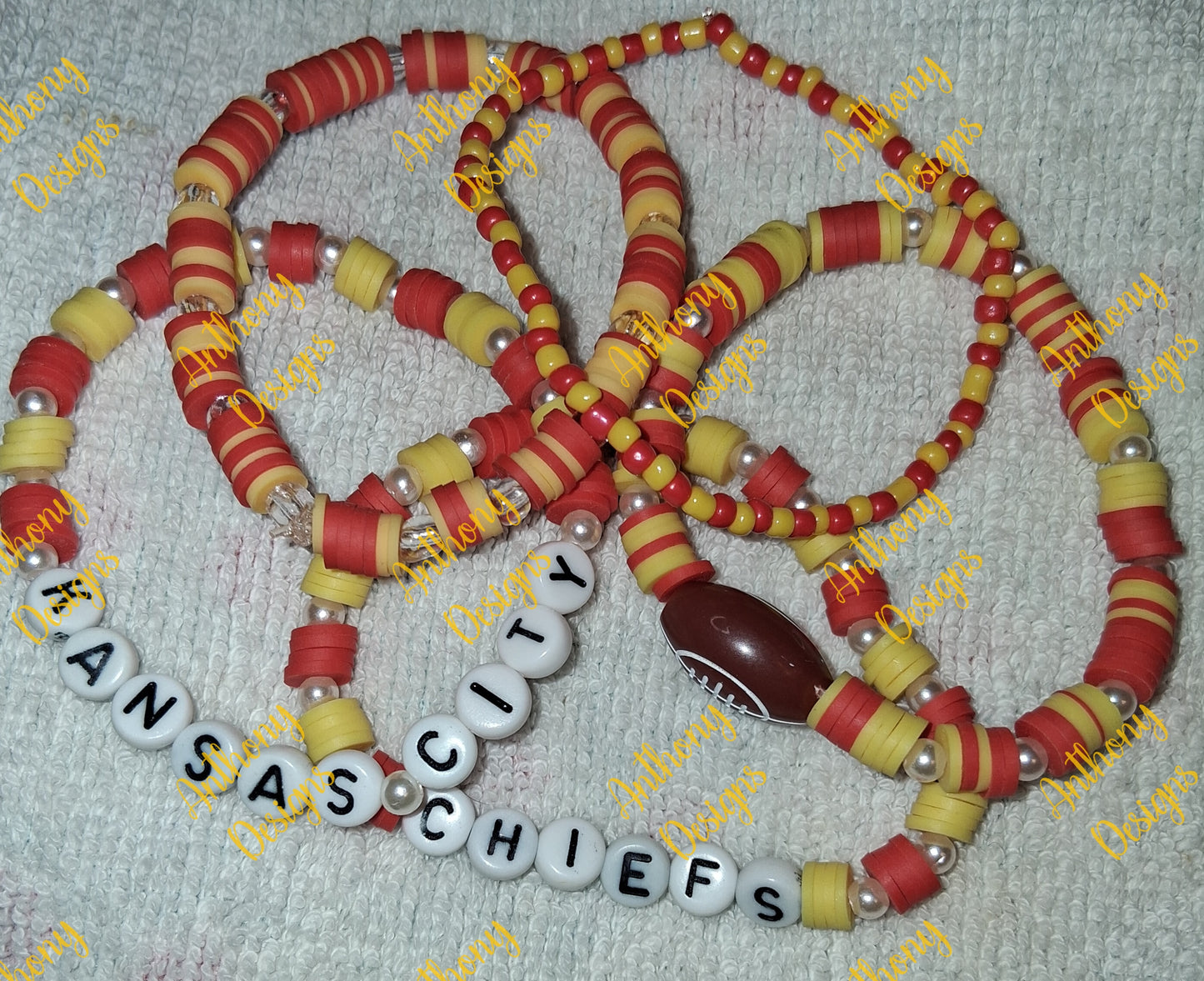 Kansas City Chiefs inspired with yellow and red accents stacker set of 5 Bracelet