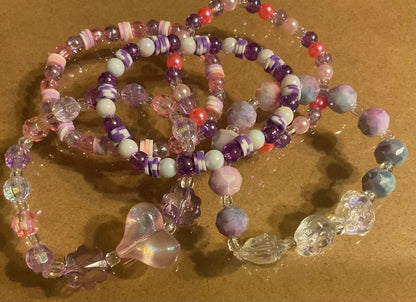 Heart and roses pastel pink and purple stacker set of 5 Bracelets