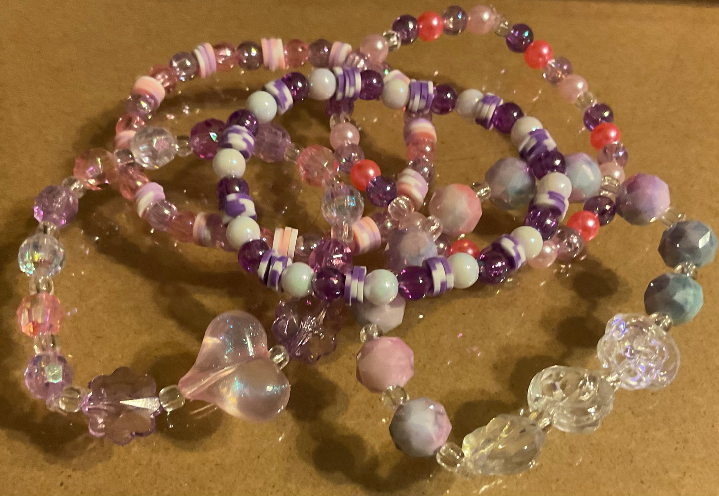 Heart and roses pastel pink and purple stacker set of 5 Bracelets