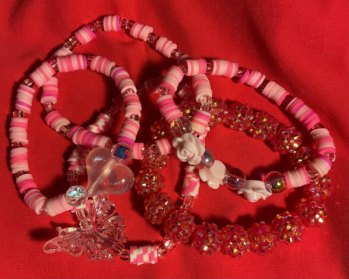 Hearts and Flowers with pink accents stacker set of 5 Bracelet
