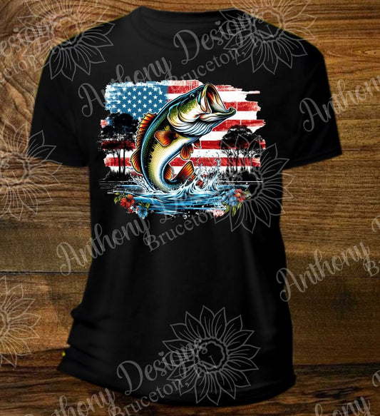 Bass Fish with American Flag 4th of July shirt