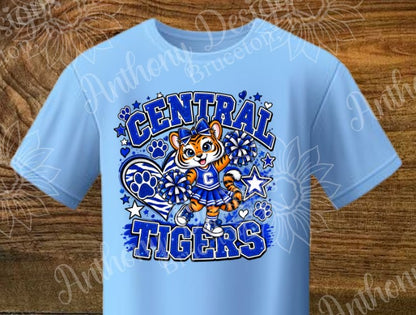 Tigers. Blue and White. Cheerleading mascot. Cheer. school spirit inspired designed shirt