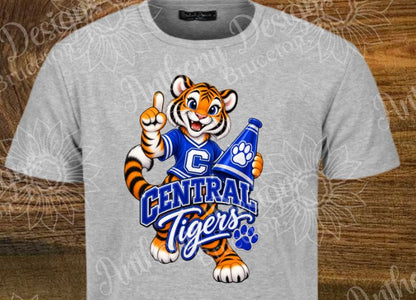 Tigers fan club. Cheer. Football. Basketball. Baseball. Soccer. Softball. Track. blue and white. school spirit inspired designed shirt