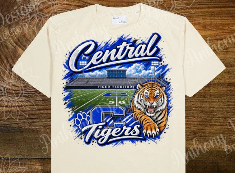 Central Tigers. Football field.  blue and white. Cheer. school spirit inspired designed shirt