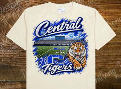 Central Tigers. Football field.  blue and white. Cheer. school spirit inspired designed shirt