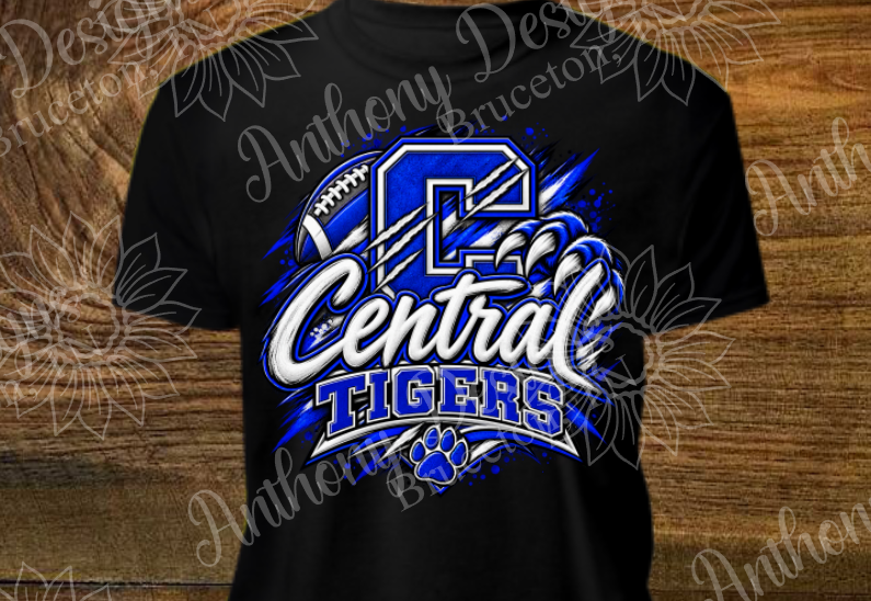 Central Tigers with claw. Football. school spirit inspired designed shirt