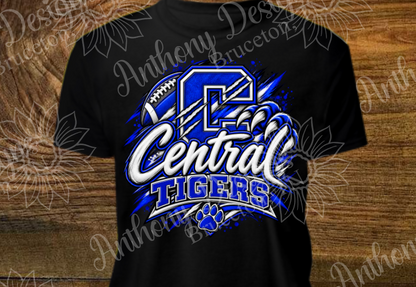 Central Tigers with claw. Football. school spirit inspired designed shirt