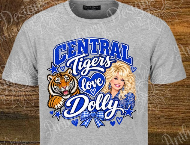 Central Tigers love Dolly. Cheer. Football. Basketball. Baseball. Soccer. Softball. Track. blue and white. school spirit inspired designed shirt
