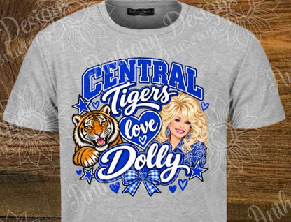 Central Tigers love Dolly. Cheer. Football. Basketball. Baseball. Soccer. Softball. Track. blue and white. school spirit inspired designed shirt