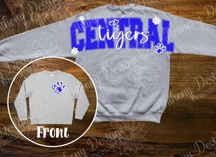 Central Tigers arched back with flowers and hearts school spirit inspired designed shirt
