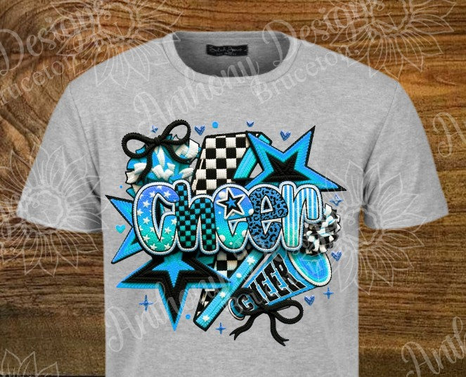 Cheer blue lightning bolt bow faux yarn designed shirt