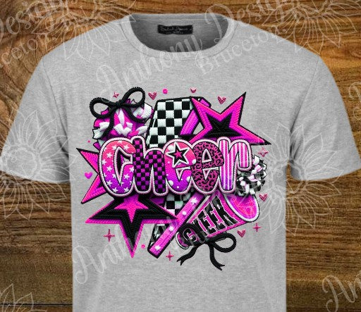 Cheer pink lightning bolt bow faux yarn designed shirt