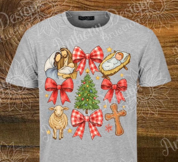 Christmas Nativity Scene  with Bows  Christmas designed shirt