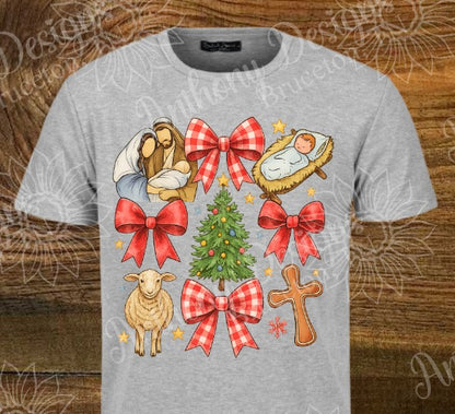 Christmas Nativity Scene  with Bows  Christmas designed shirt