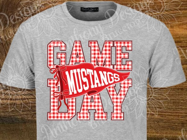 Game Day Mustangs. Cheer. Football. Basketball. Baseball. Soccer. Softball. Track. Red and white. Checkered. Pennant. school spirit inspired designed shirt