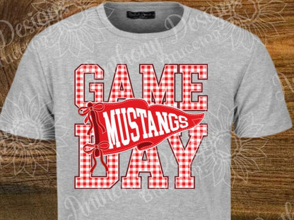 Game Day Mustangs. Cheer. Football. Basketball. Baseball. Soccer. Softball. Track. Red and white. Checkered. Pennant. school spirit inspired designed shirt