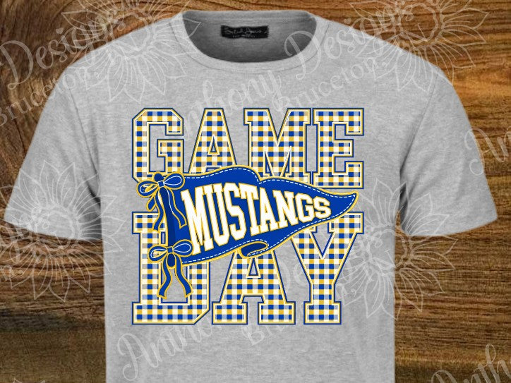 Game Day Mustangs. Cheer. Football. Basketball. Baseball. Soccer. Softball. Track. Blue and gold. Checkered. Pennant. school spirit inspired designed shirt