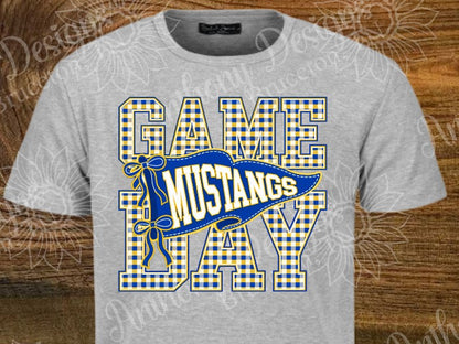 Game Day Mustangs. Cheer. Football. Basketball. Baseball. Soccer. Softball. Track. Blue and gold. Checkered. Pennant. school spirit inspired designed shirt