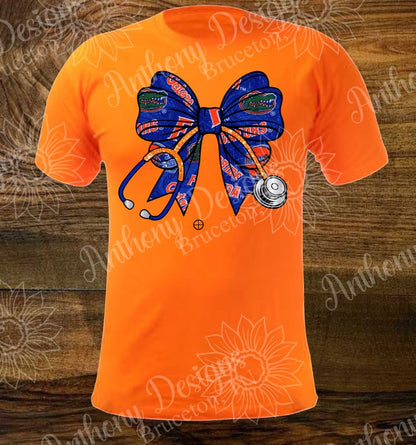Florida. Stethoscope coquette bow. Albert. Blue and Orange. Florida Gators spirit inspired designed shirt