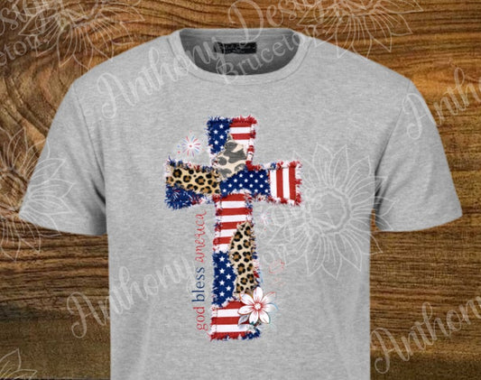 God Bless America 4th of July cross shirt
