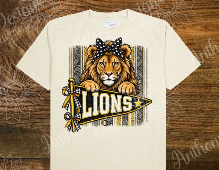 Lions. Pennant with paisley print  with bow. Cheer. school spirit inspired designed shirt
