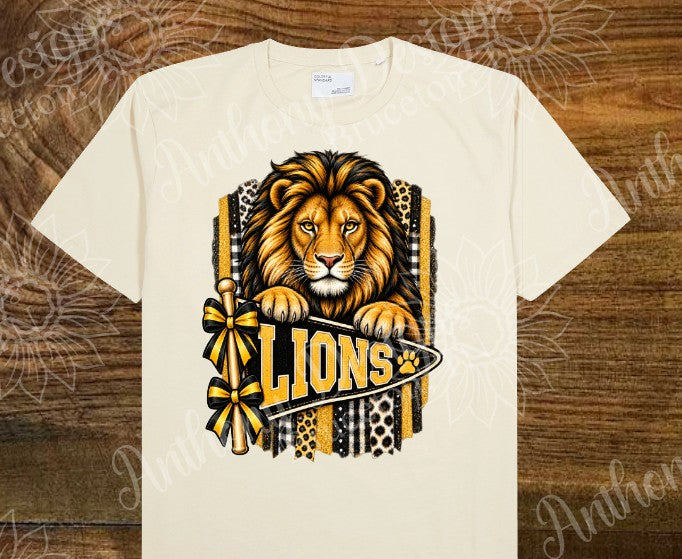 Lions. Pennant with glitter leopard print pattern. Cheer. school spirit inspired designed shirt