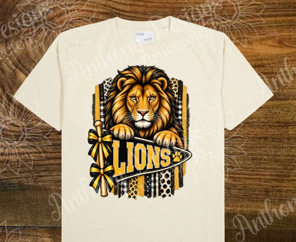 Lions. Pennant with glitter leopard print pattern. Cheer. school spirit inspired designed shirt
