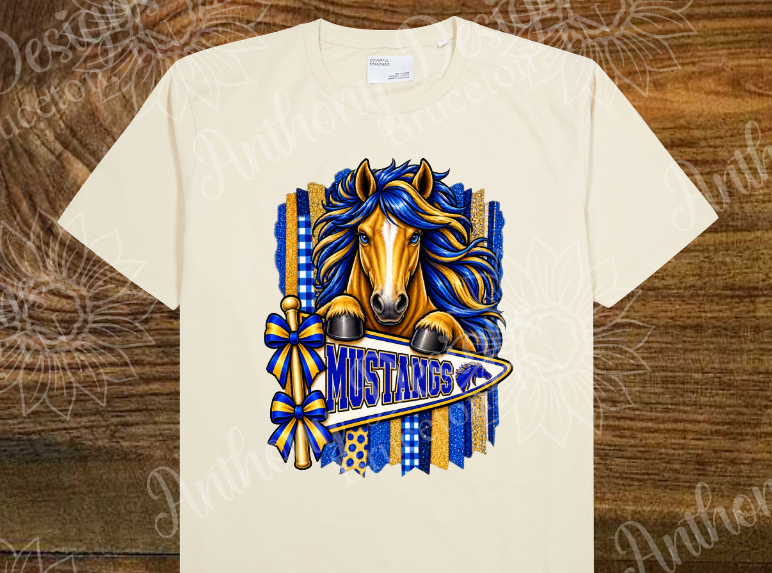 Mustangs. Pennant with glitter leopard print pattern. Cheer. school spirit inspired designed shirt