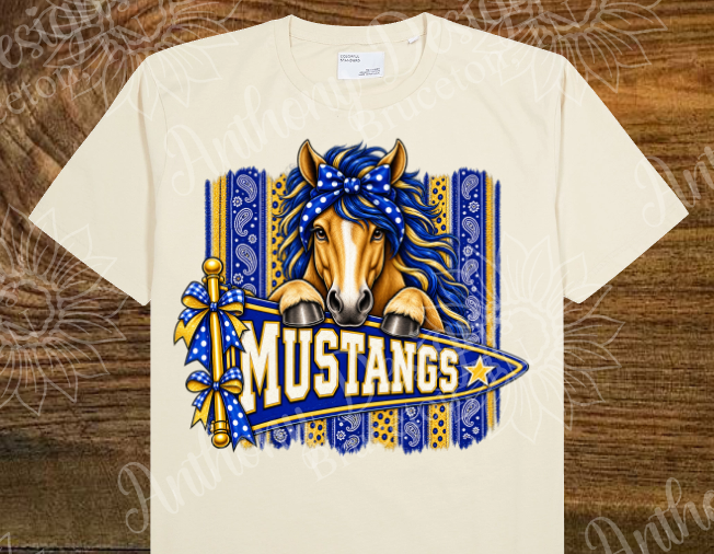 Mustangs. Pennant with paisley print  with bow. Cheer. school spirit inspired designed shirt