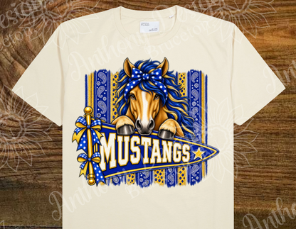 Mustangs. Pennant with paisley print  with bow. Cheer. school spirit inspired designed shirt