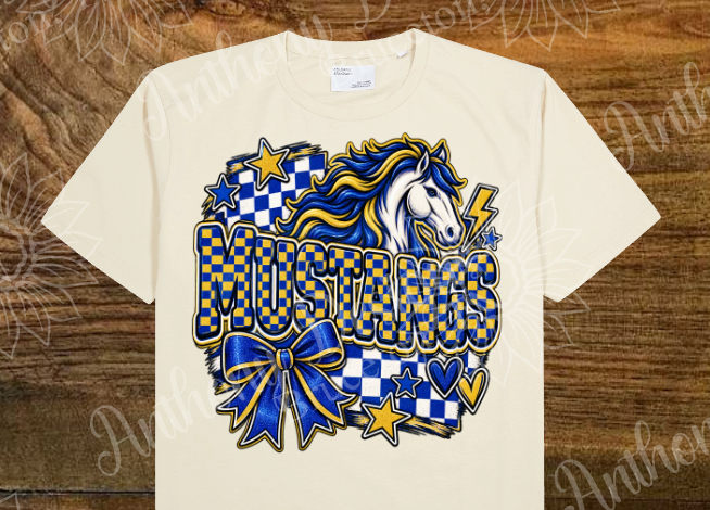 Mustangs. Checkered blue and gold  with bow. Cheer. school spirit inspired designed shirt