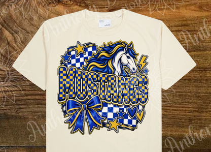 Mustangs. Checkered blue and gold  with bow. Cheer. school spirit inspired designed shirt