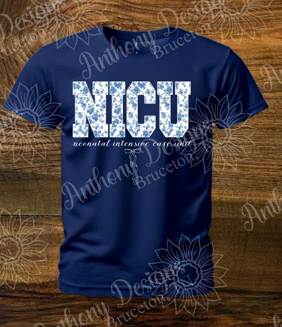 NICU Neonatal Intensive Care Unit Nurse in blue floral print with coquette bow Nurse Doctor shirt