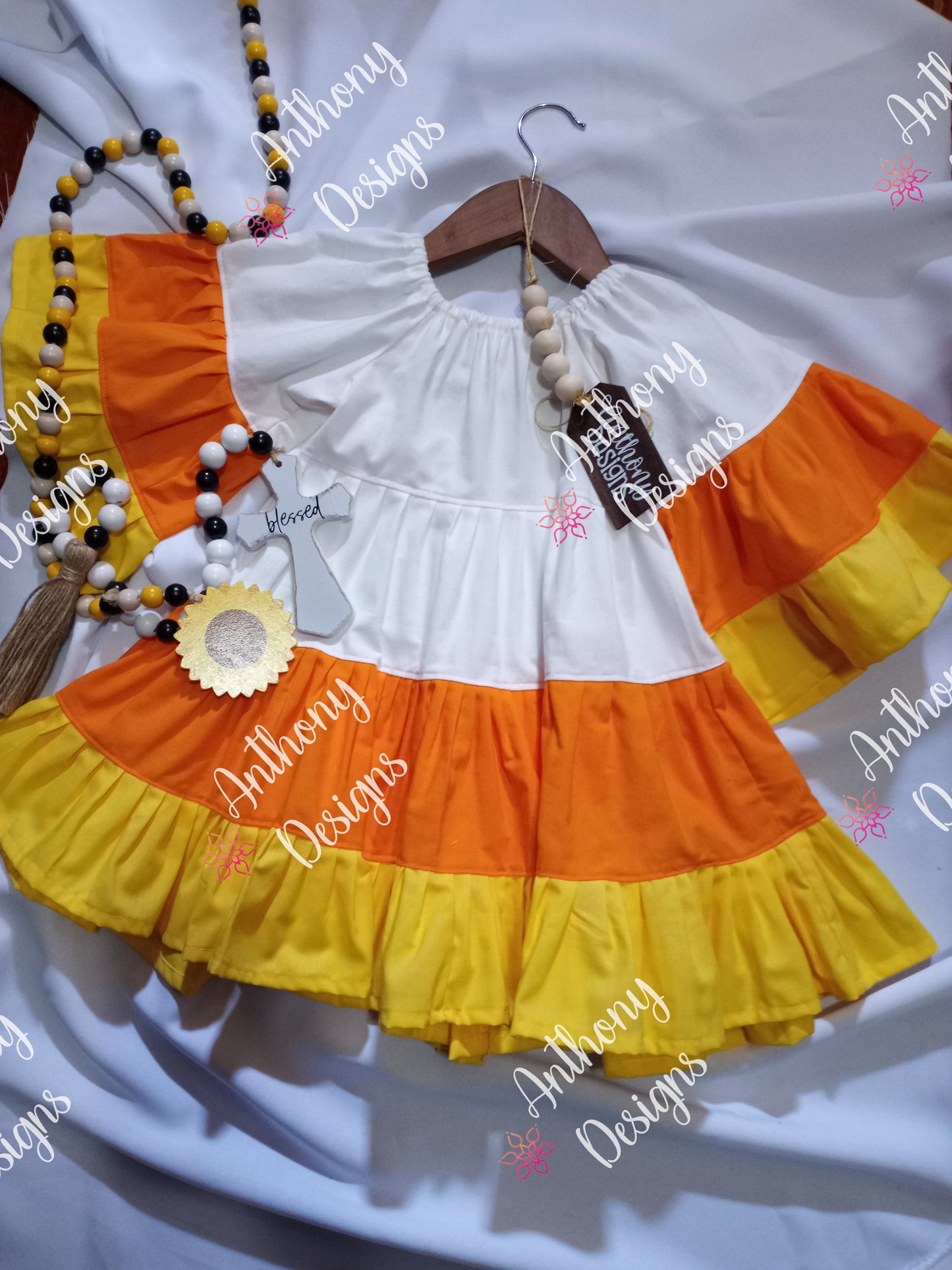 Candy Corn tiered dress with flowy oversized sleeves