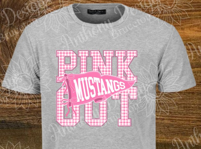 Pink Out Mustangs. Cheer. Football. Basketball. Baseball. Soccer. Softball. Track. Light Pink and white. Checkered. Pennant. school spirit inspired designed shirt