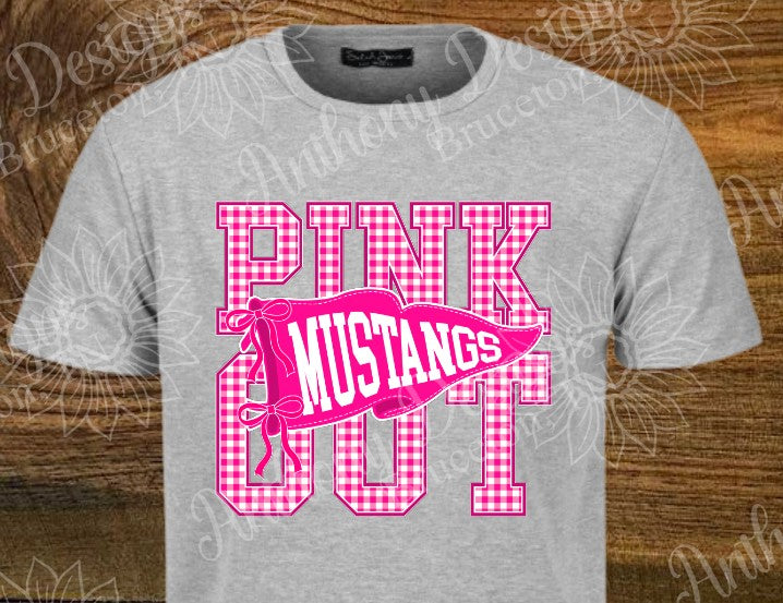 Pink Out Mustangs. Cheer. Football. Basketball. Baseball. Soccer. Softball. Track. Pink and white. Checkered. Pennant. school spirit inspired designed shirt