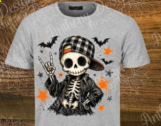 Halloween boy skeleton with bats and stars designed shirt