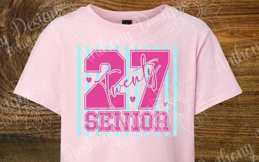 Senior Class of 2027  baby blue stripes with coquette bow designed shirt