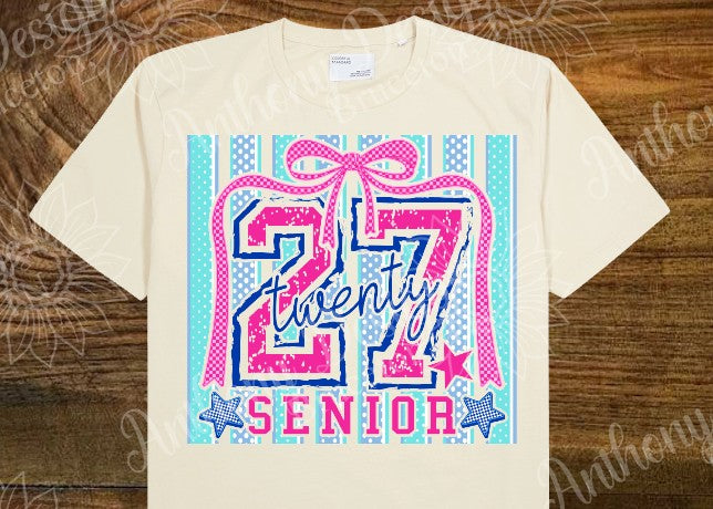 Senior Class of 2027  pink with baby blue stripes with bow designed shirt
