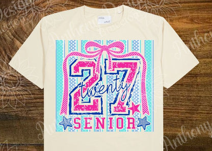 Senior Class of 2027  pink with baby blue stripes with bow designed shirt
