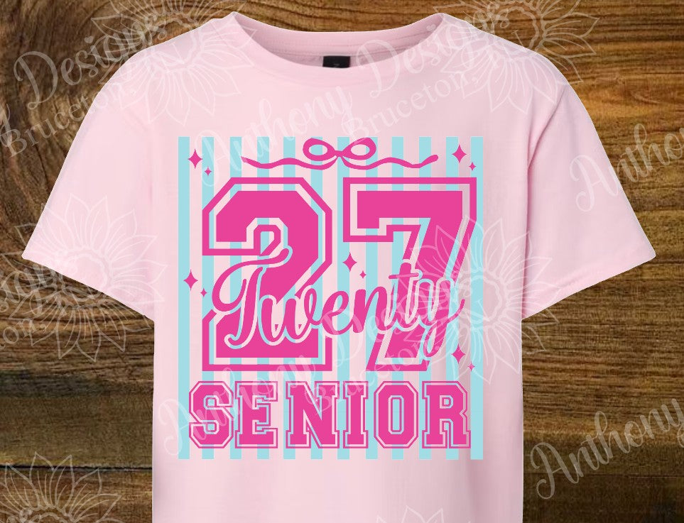 Senior Class of 2027  baby blue stripes with coquette bow designed shirt