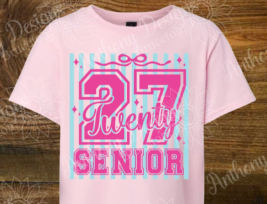 Senior Class of 2027  baby blue stripes with coquette bow designed shirt