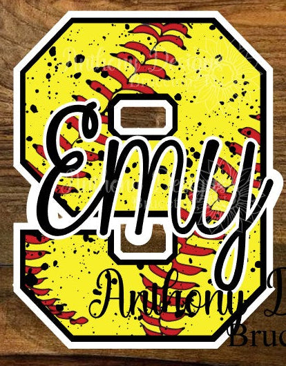 Yellow and red design with 'Emily' on a wooden background, featuring size information and branding.