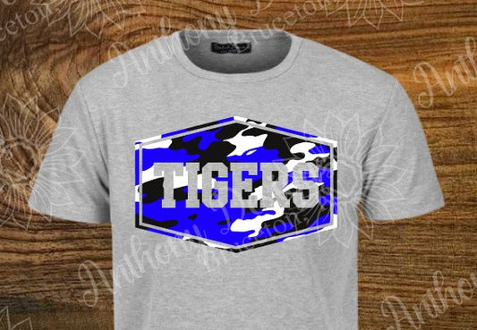 Tigers mascot camo in school colors designed shirt