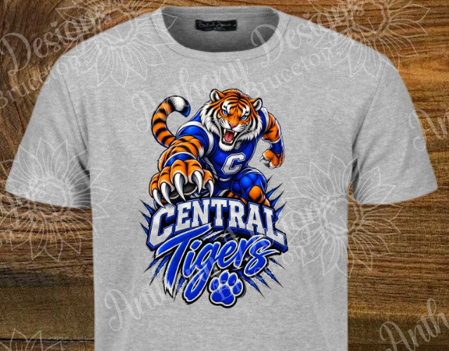 Central Tigers fan club. Cheer. Football. Basketball. Baseball. Soccer. Softball. Track. blue and white. school spirit inspired designed shirt