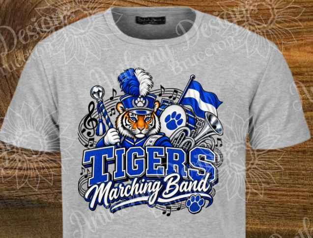Tigers Marching Band. blue and white. school spirit inspired designed shirt