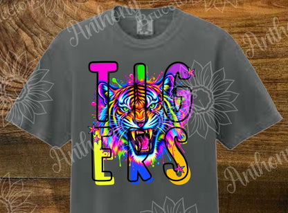 Tigers neon mascot   Comfort Color short sleeve tee shirt