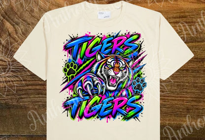 Tigers. Brights blue lime pink. Cheer. school spirit inspired designed shirt